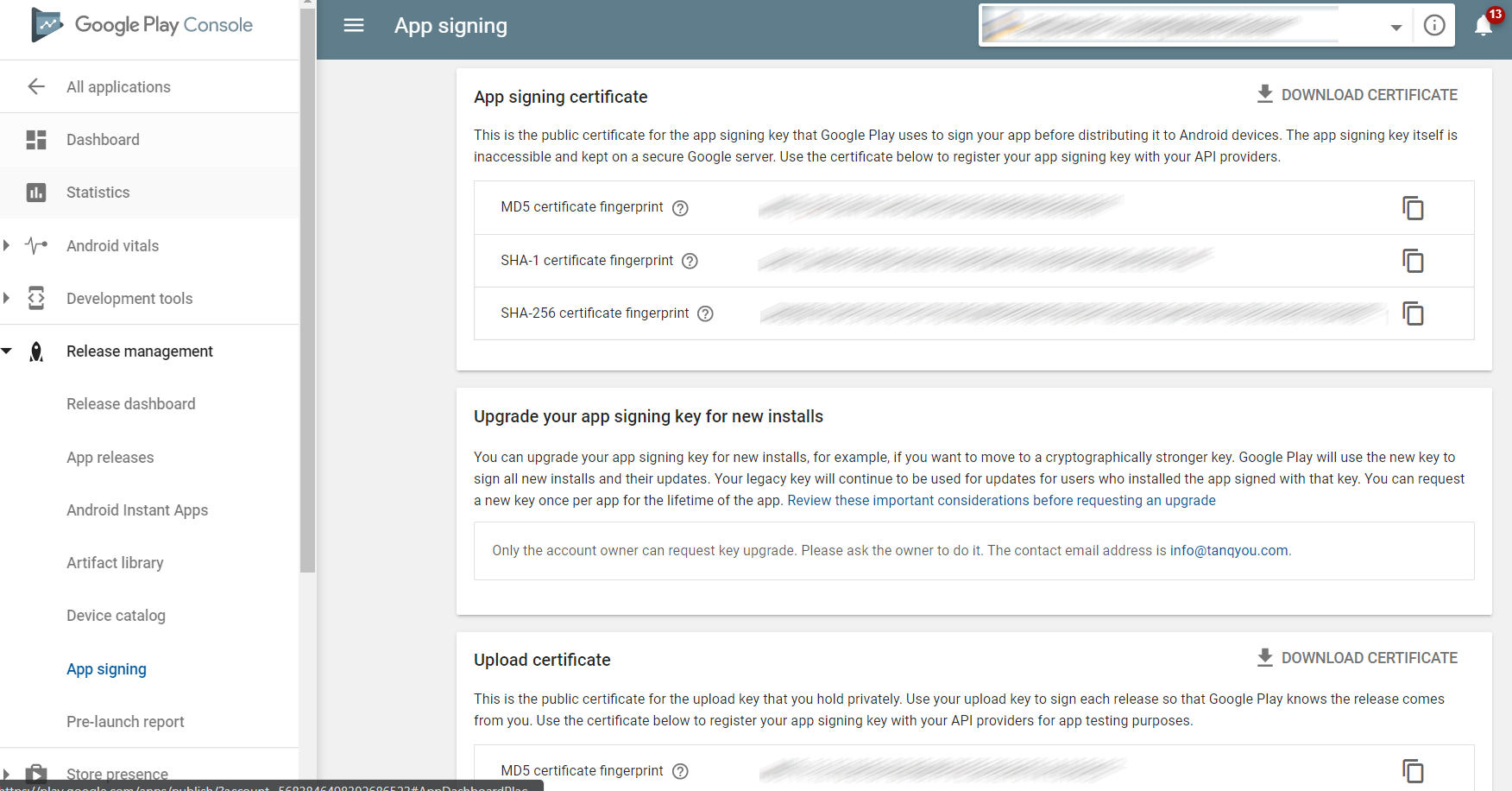 Google Play Console - Get App signing certificate SHA-1 certificate fingerprint